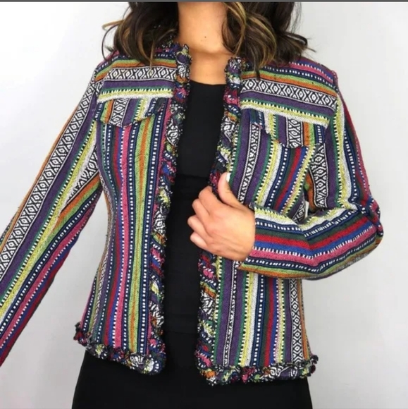Chicos Rainbow Embroidered Boho Patchwork Style Jacket Chico's Size 2 US size - Picture 2 of 16